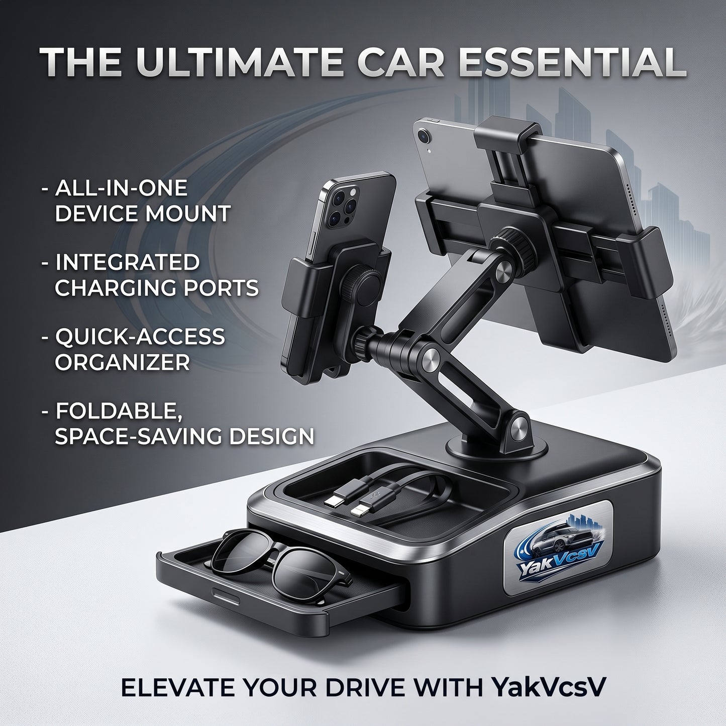 YakVcav™ 4-in-1 Car Dashboard Mount & Multi-functional Organizer - Universal Phone & Tablet Holder with Integrated Fast Charging Ports, Hidden Sunglass Drawer & Foldable Space-Saving Design - Premium Auto Interior Upgrade