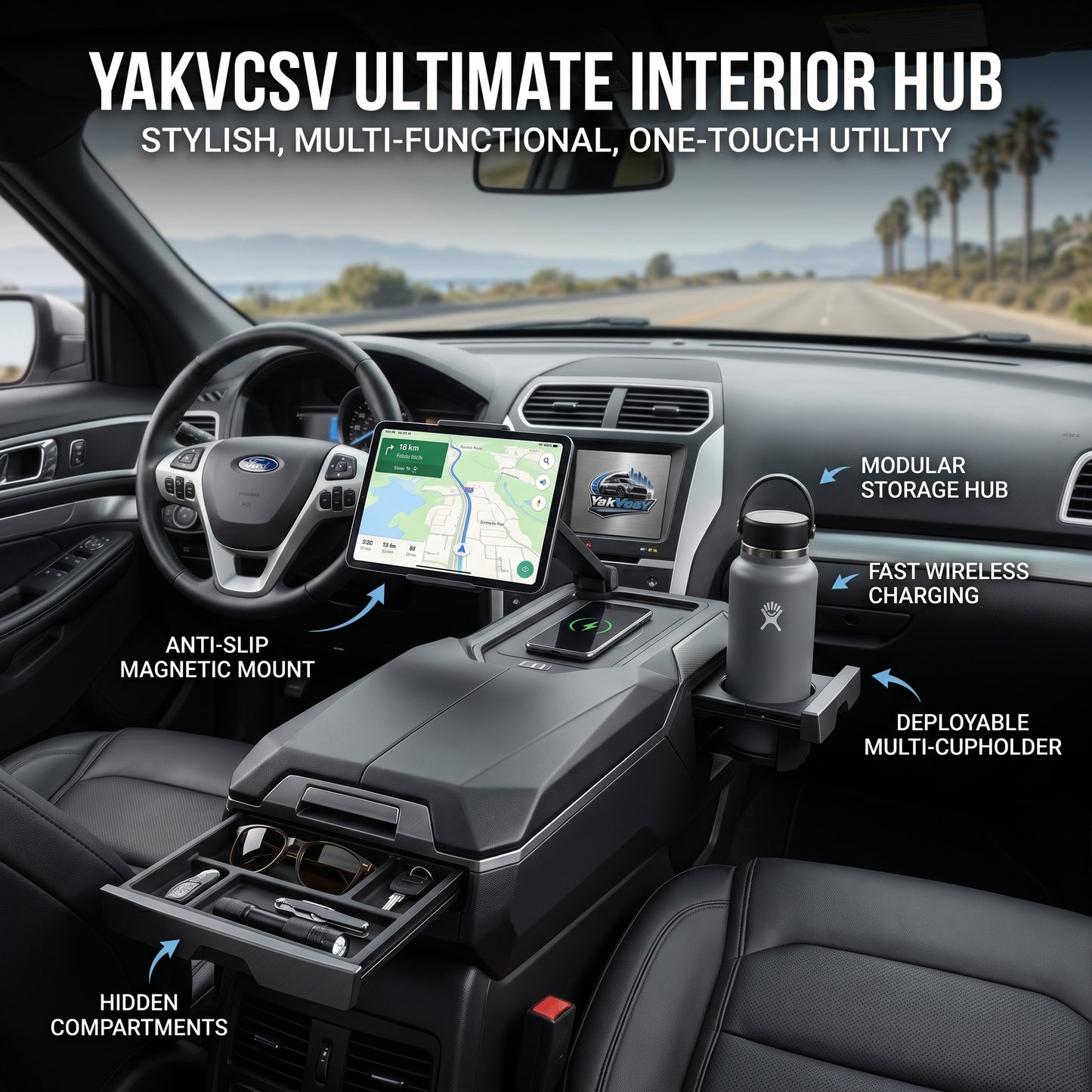 YakVcav™ Ultimate Interior Hub - Multi-Functional Center Console Organizer with Fast Wireless Charging, Magnetic Tablet Mount, Hidden Storage & Expandable Cup Holder for SUVs & Trucks