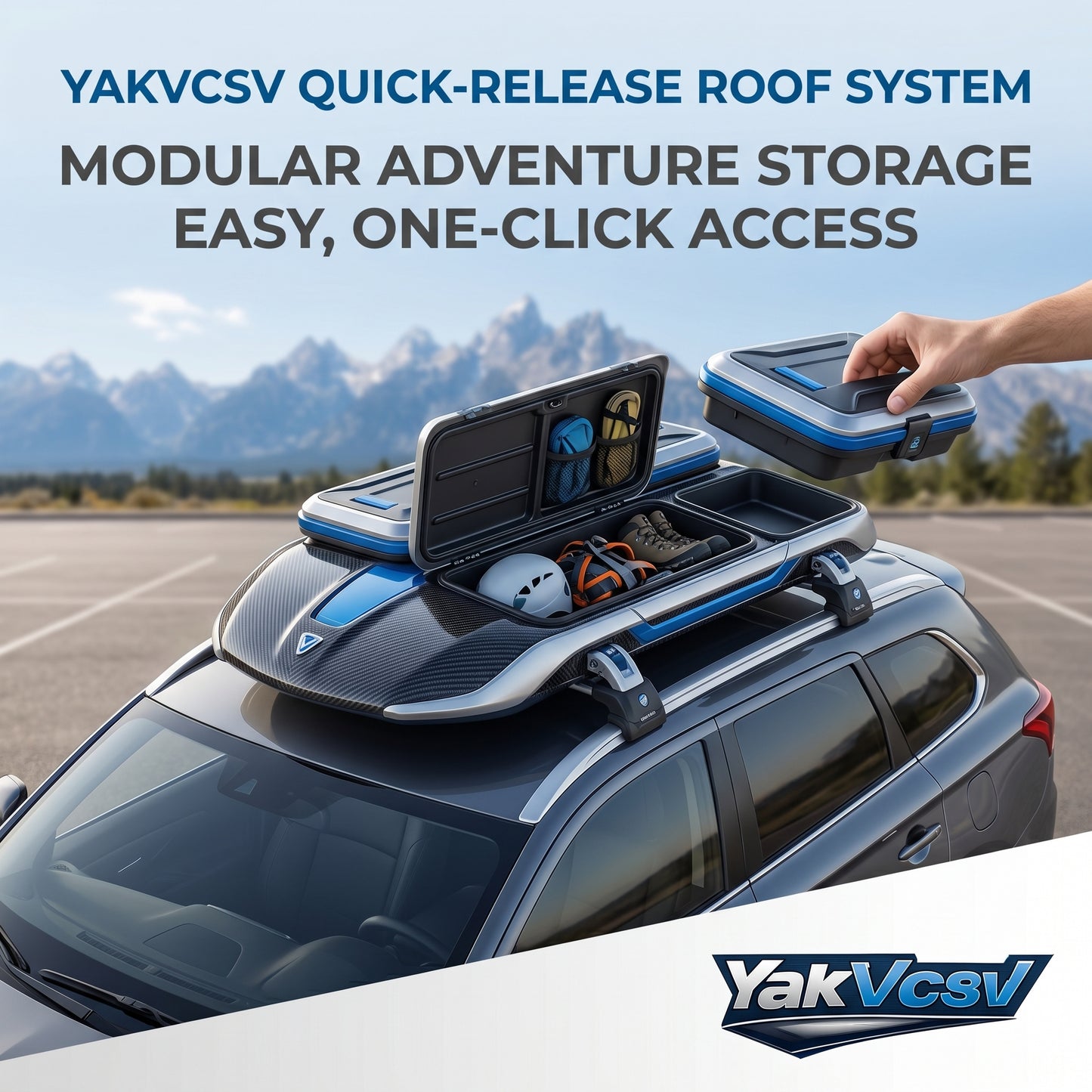 YakVcav™ Modular Quick-Release Roof Storage System – Carbon Fiber Finish Adventure Cargo Box with One-Click Access Removable Bins for SUVs & Crossovers
