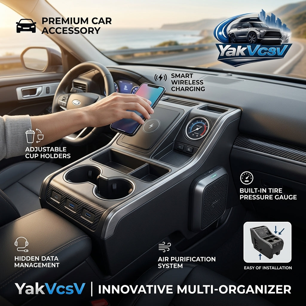 YakVcav™ 6-in-1 Smart Car Center Console Organizer - Premium SUV Interior Upgrade with 15W Wireless Charging, Built-in Air Purifier, Integrated Tire Pressure Gauge, and Adjustable Cup Holders - Universal Fit Carbon Fiber Edition