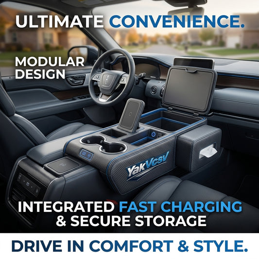 YakVcav™ Modular Car Center Console Organizer - Multi-Functional Armrest Storage Box with Integrated Fast Wireless Charging, Dual Cup Holders & Tissue Dispenser - Premium Carbon Fiber Style Universal Fit