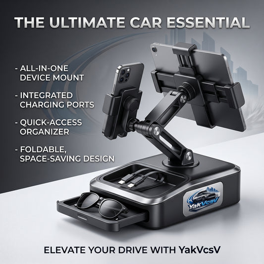 YakVcav™ 4-in-1 Car Dashboard Mount & Multi-functional Organizer - Universal Phone & Tablet Holder with Integrated Fast Charging Ports, Hidden Sunglass Drawer & Foldable Space-Saving Design - Premium Auto Interior Upgrade