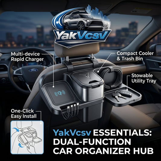 YakVcav™ 4-in-1 Car Backseat Organizer Hub - Universal Headrest Storage with Wireless Fast Charger, Built-in Multi-Cables, Compact Trash Bin/Cooler & Stowable Utility Tray