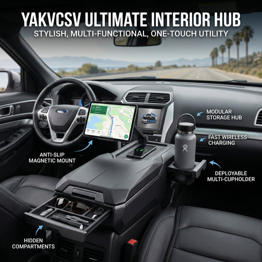YakVcav™ Ultimate Interior Hub - Multi-Functional Center Console Organizer with Fast Wireless Charging, Magnetic Tablet Mount, Hidden Storage & Expandable Cup Holder for SUVs & Trucks