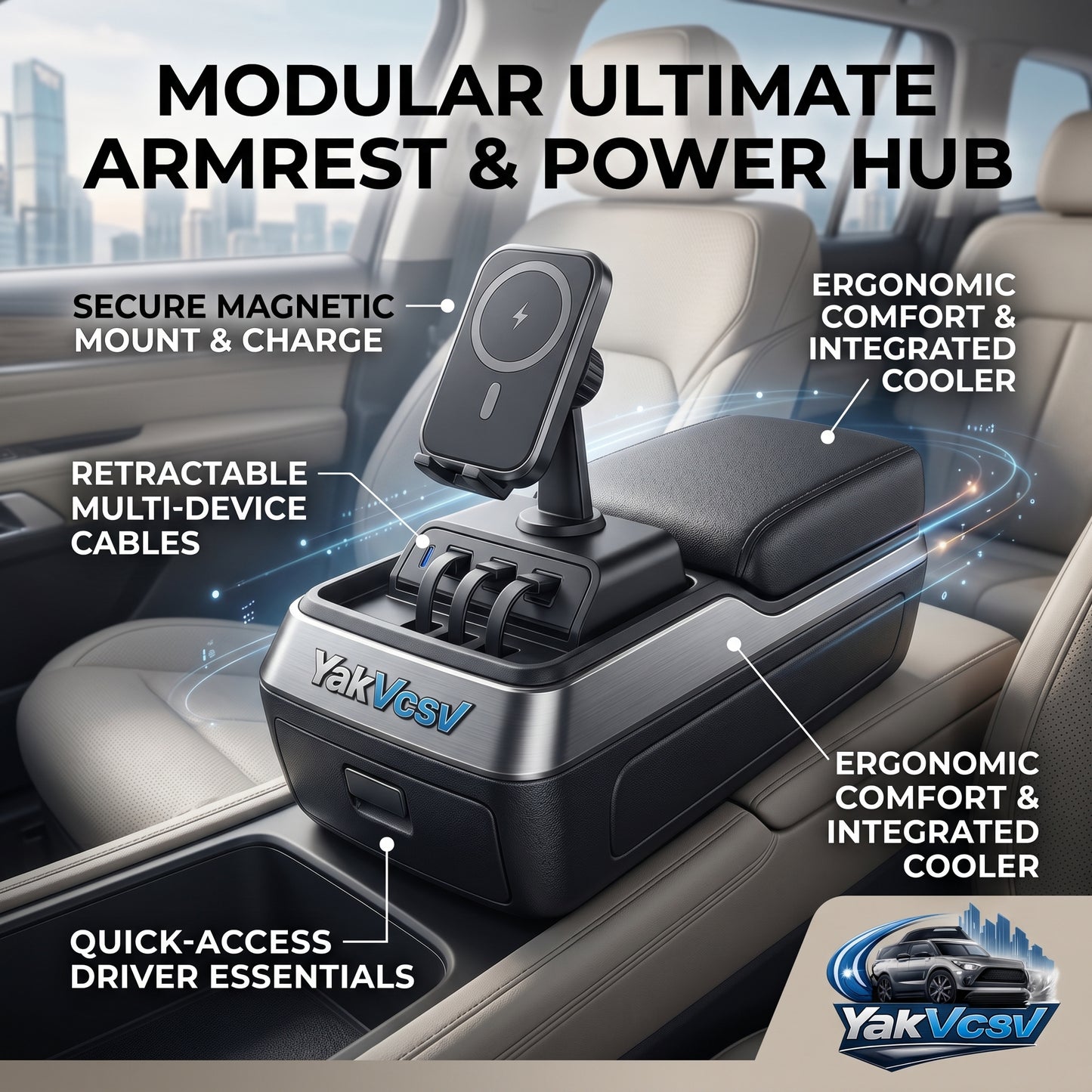 YakVcav™ Modular Ultimate Car Armrest & Power Hub – Universal Center Console Organizer with Magnetic Wireless Charger, Retractable Multi-Device Cables, Integrated Cooler Box, and Quick-Access Storage