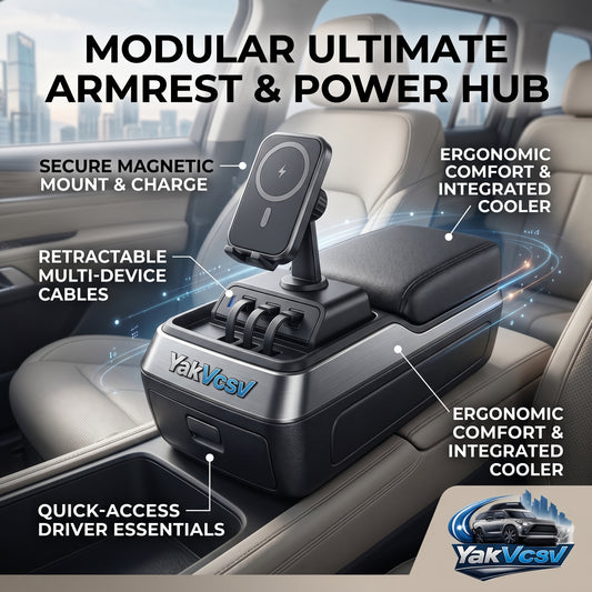 YakVcav™ Modular Ultimate Car Armrest & Power Hub – Universal Center Console Organizer with Magnetic Wireless Charger, Retractable Multi-Device Cables, Integrated Cooler Box, and Quick-Access Storage