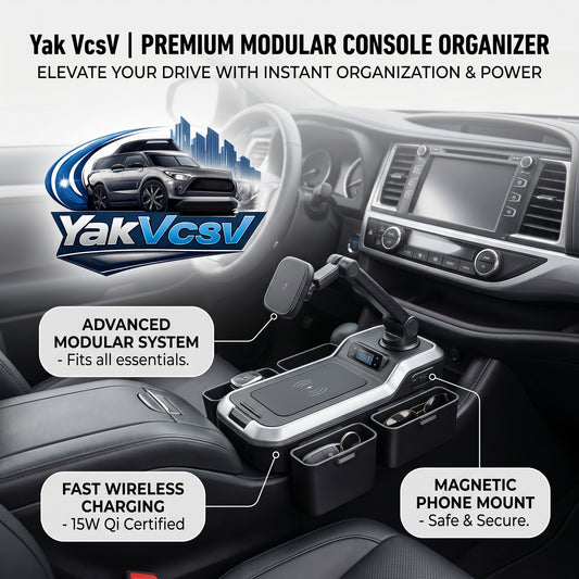 YakVcav™ Premium Modular Car Console Organizer with 15W Fast Wireless Charger & Magnetic Phone Mount | Universal Multi-Functional Seat Gap Filler & Interior Storage Box for Sunglasses, Keys, and Essentials