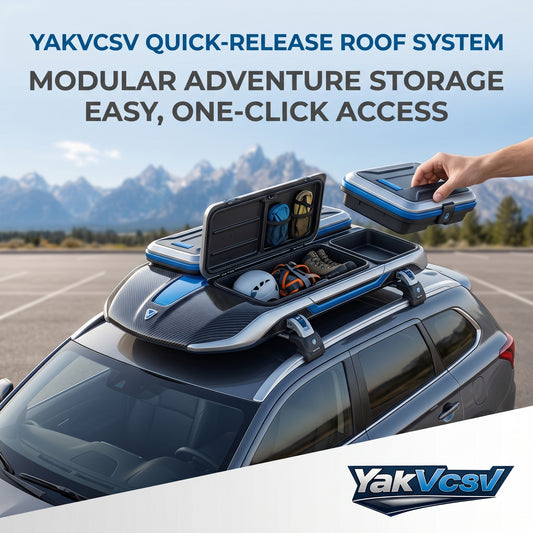YakVcav™ Modular Quick-Release Roof Storage System – Carbon Fiber Finish Adventure Cargo Box with One-Click Access Removable Bins for SUVs & Crossovers